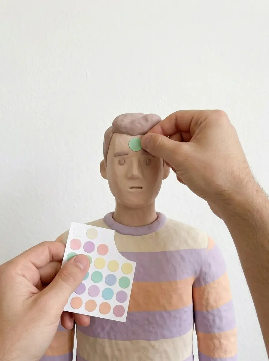 Person with a sticker on their face, symbolizing an identity reduced to a label.